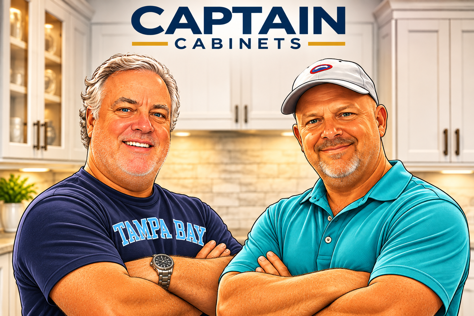 Illustrated portrait of Larry and Leo, the founders of Captain Cabinets, together in a kitchen